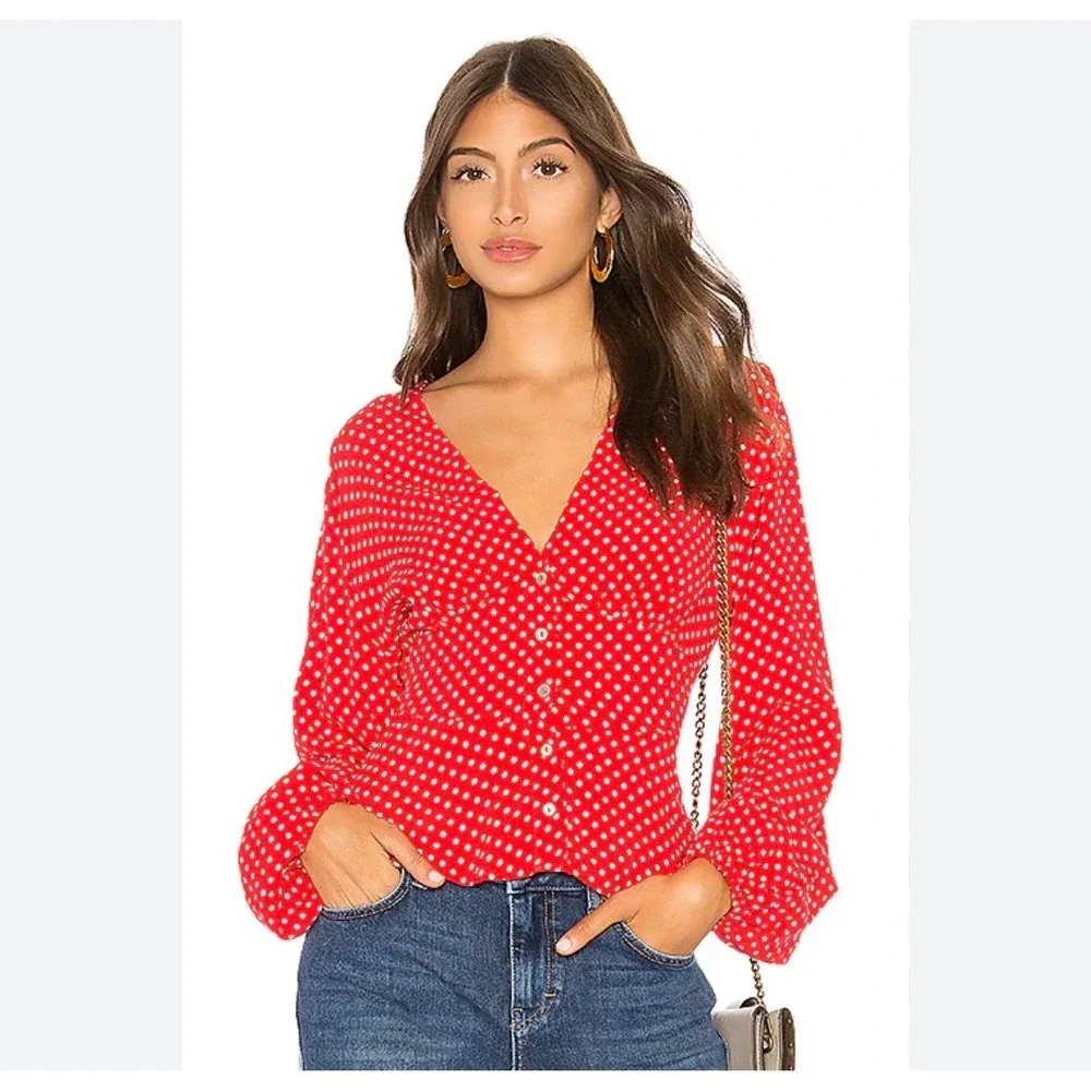 Free People Love Street Red Polka Dot Top S Puff Sleeve Peplum Feminine Retro